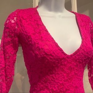 ASOS hot pink lace Barbie bodycon mini dress 3/4 sleeves size 1 XS